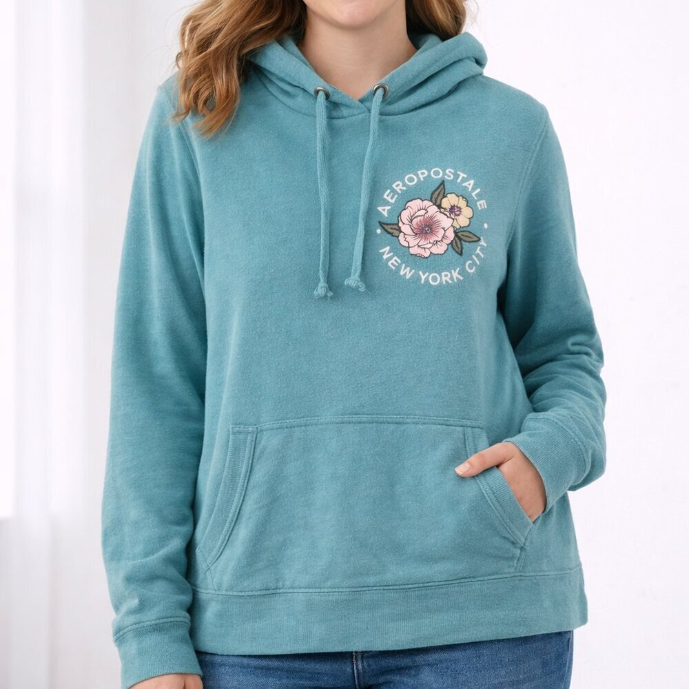 Aeropostale NYC Teal Floral Large Hooded Sweatshirt